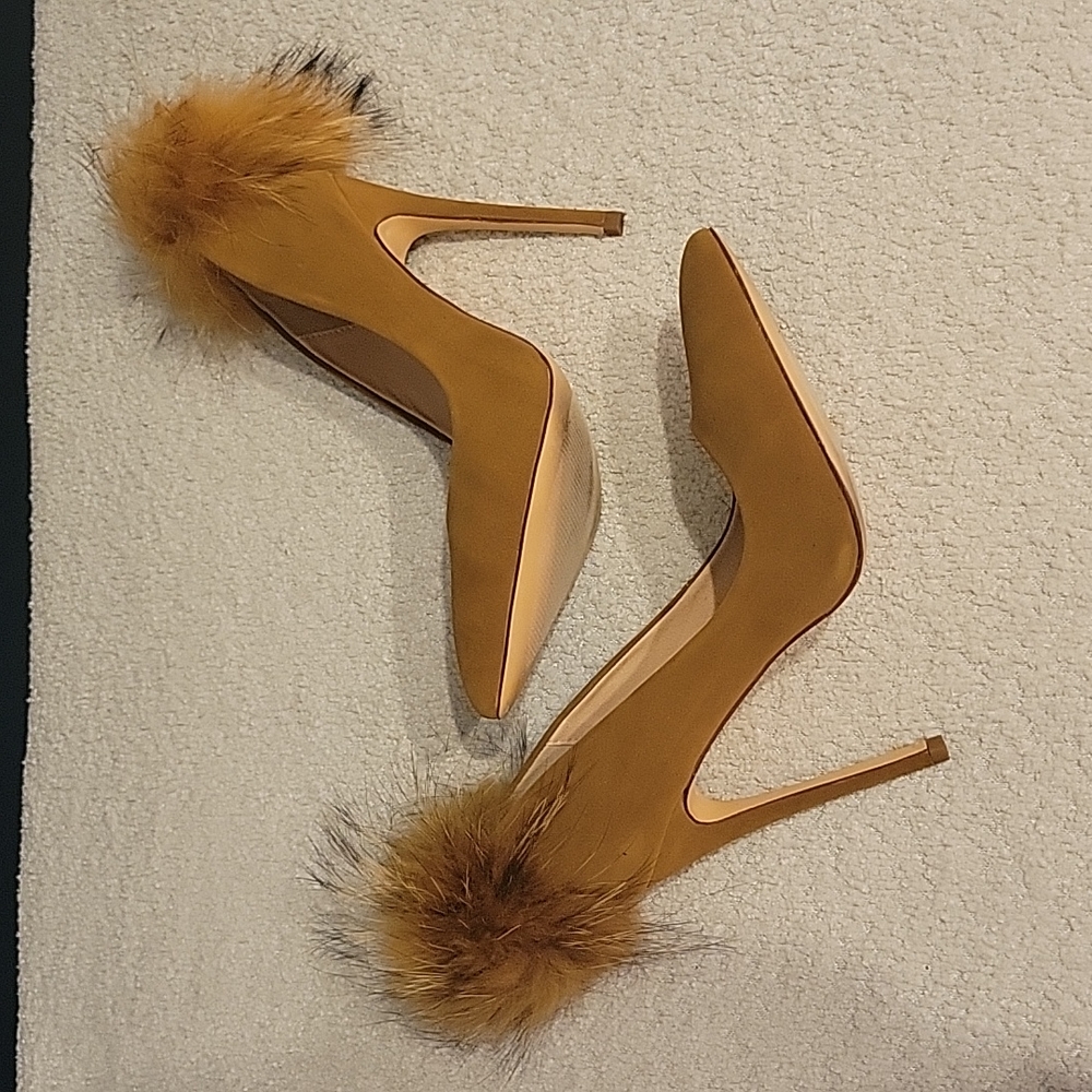 Tan Pom Pom Heels (5 inch) 8.5